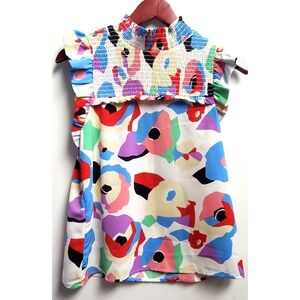 THML Smocked XS High Neck Blouse Abstract Floral Flutter Cap Sleeves Zip Back